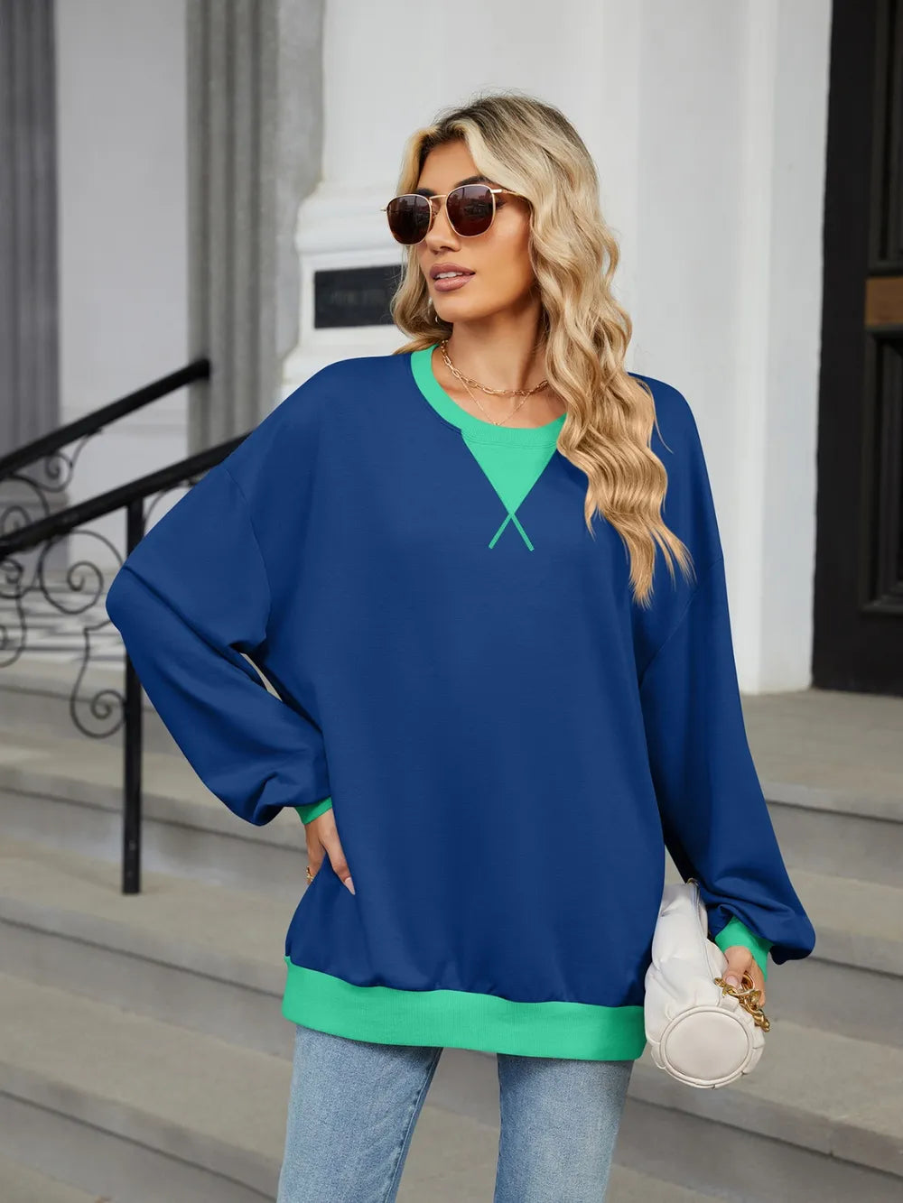 Trendsi Contrast Round Neck Long Sleeve Sweatshirt -