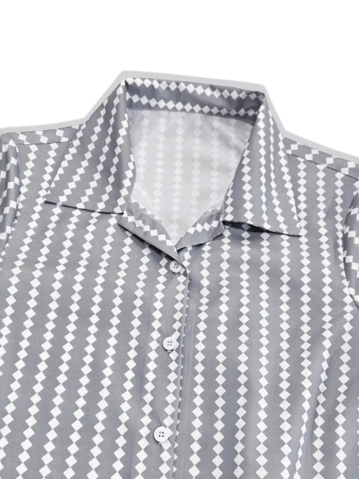 Gray and white striped maxi shirt dress, collar and button close-up