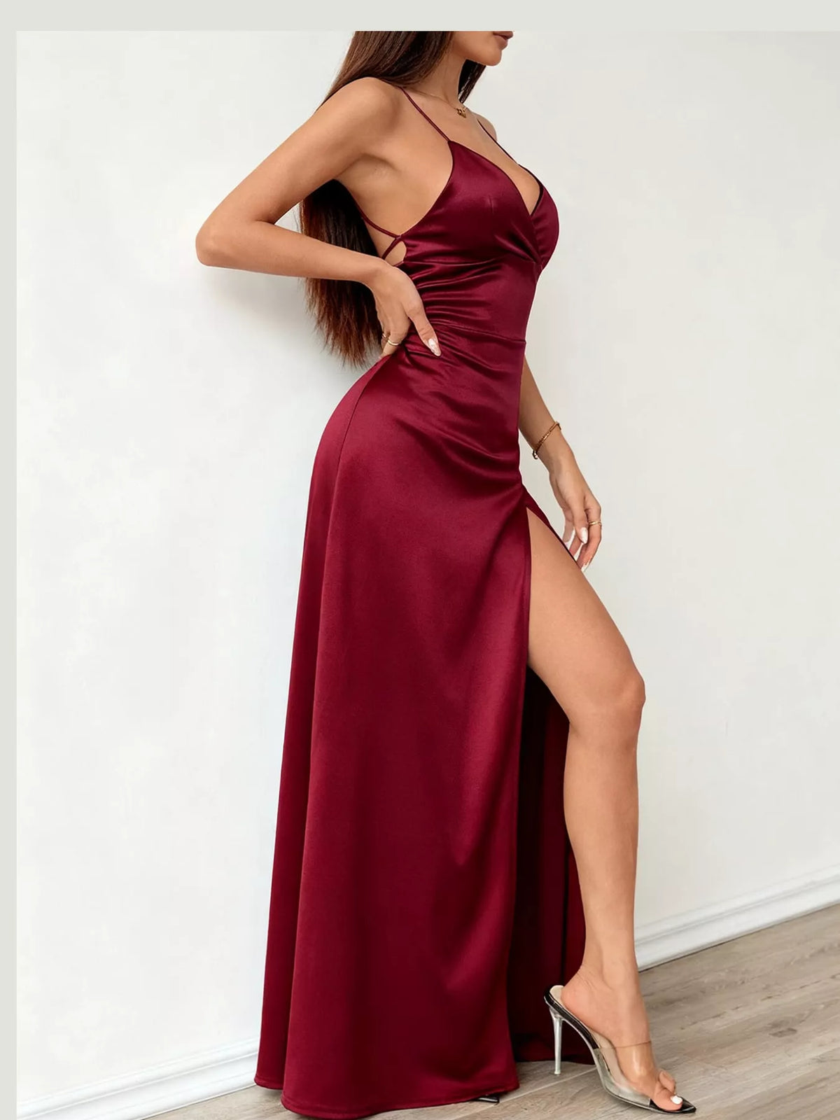 Lace-Up Back Slit Maxi Dress — side view