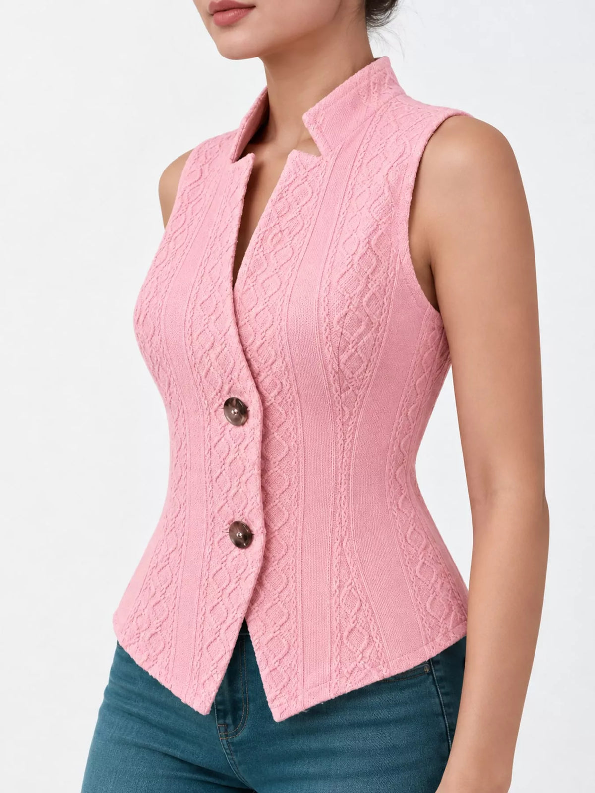 Textured Button-Down Vest in pink, side view