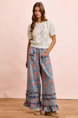 Trendsi BiBi Washed Floral Denim With Ruffle Elastic Wide Pants - Pants