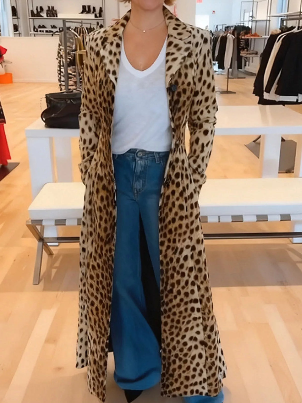Brown and black leopard-print longline trench coat
