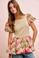 Trendsi BiBi Floral Printed Bubble Sleeves and Hem Peplum Top -