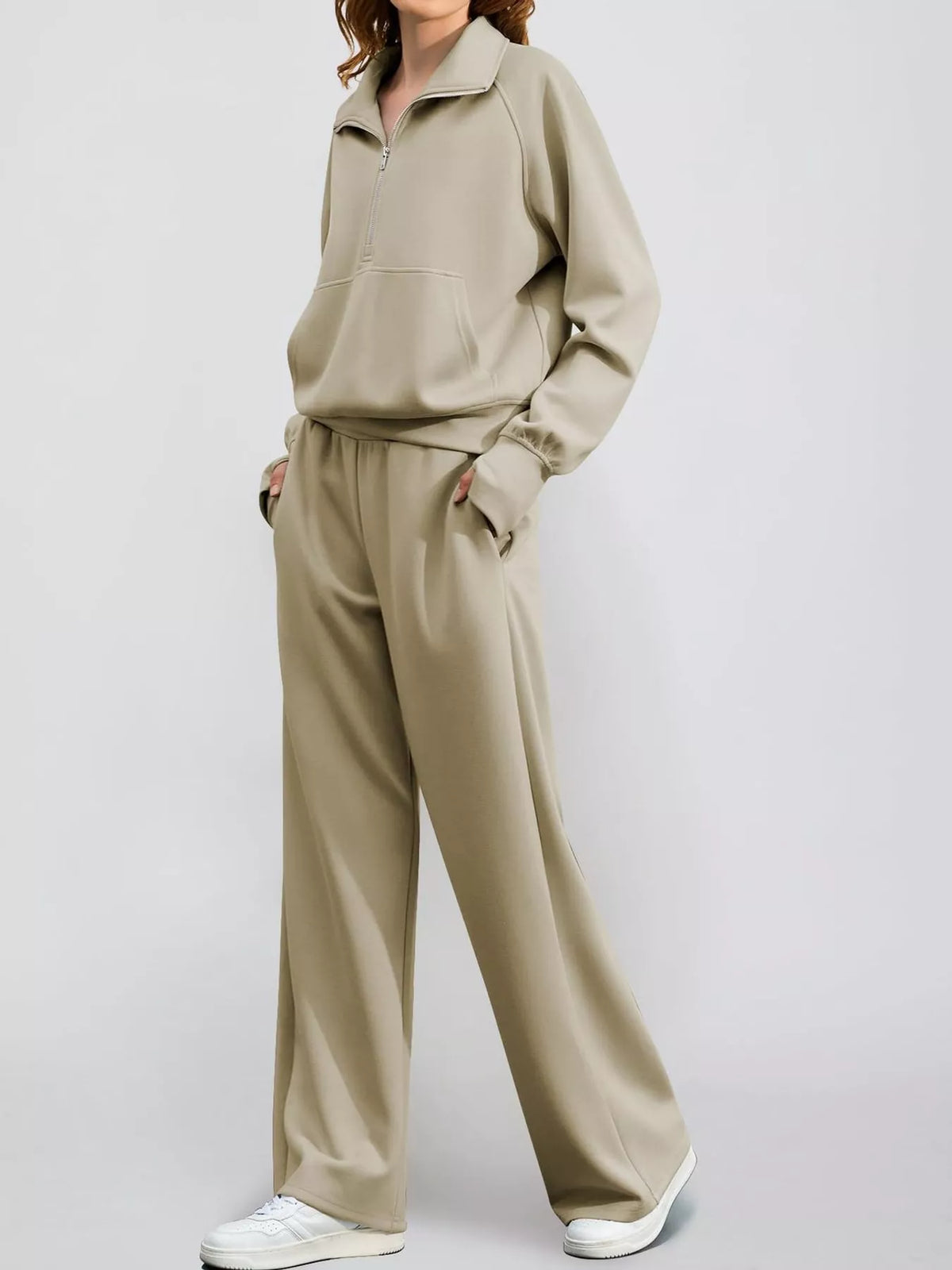 Half-zip top and pants set, beige angled front