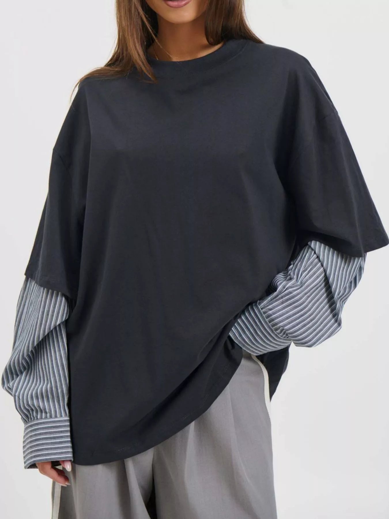 Trendsi Oversized Layered-Look T-Shirt with Striped Sleeves -