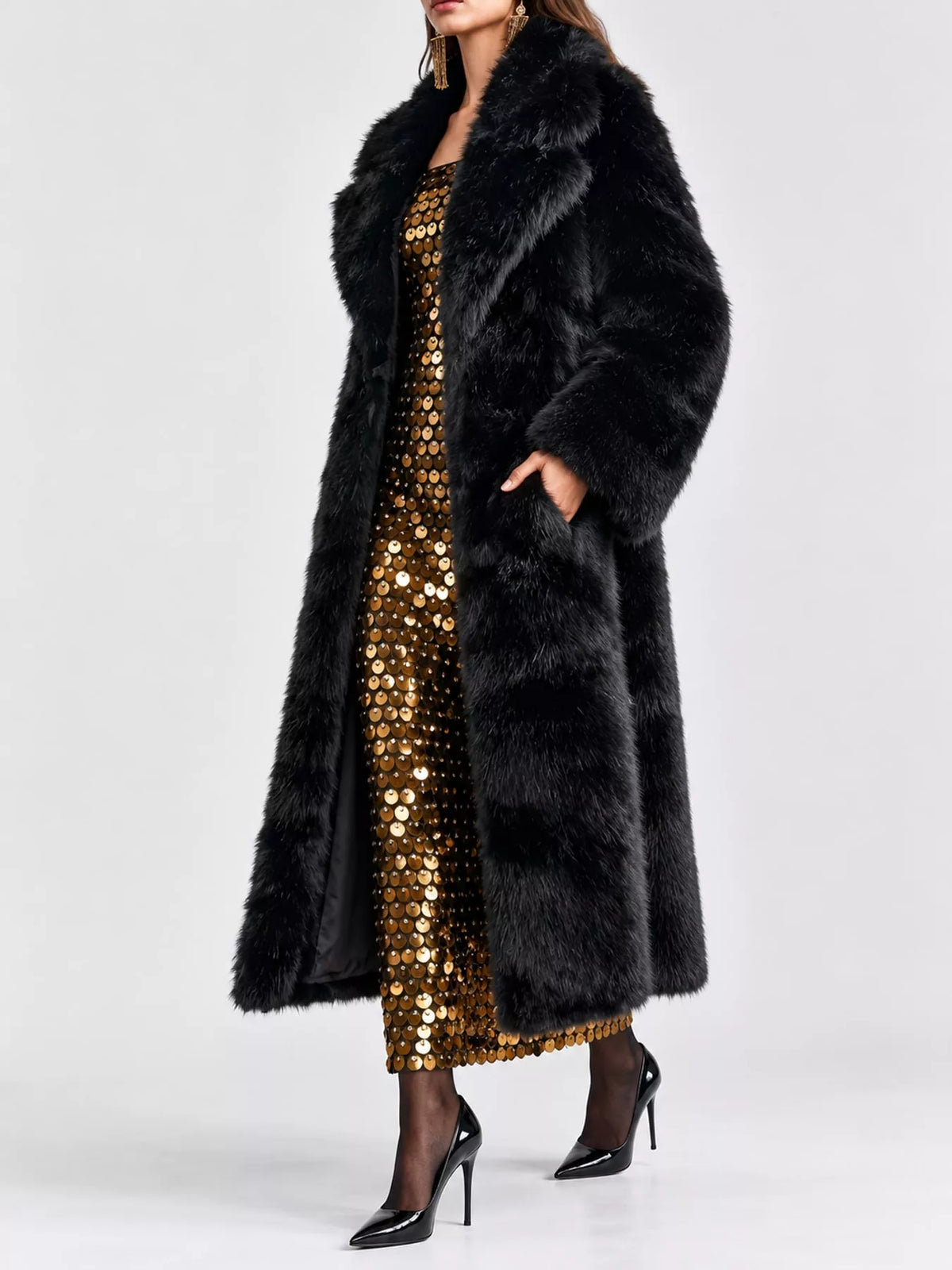 Faux Fur Longline Coat in black