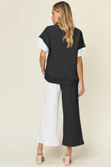 Trendsi Double Take Full Size Texture Contrast T-Shirt and Wide Leg Pants Set -