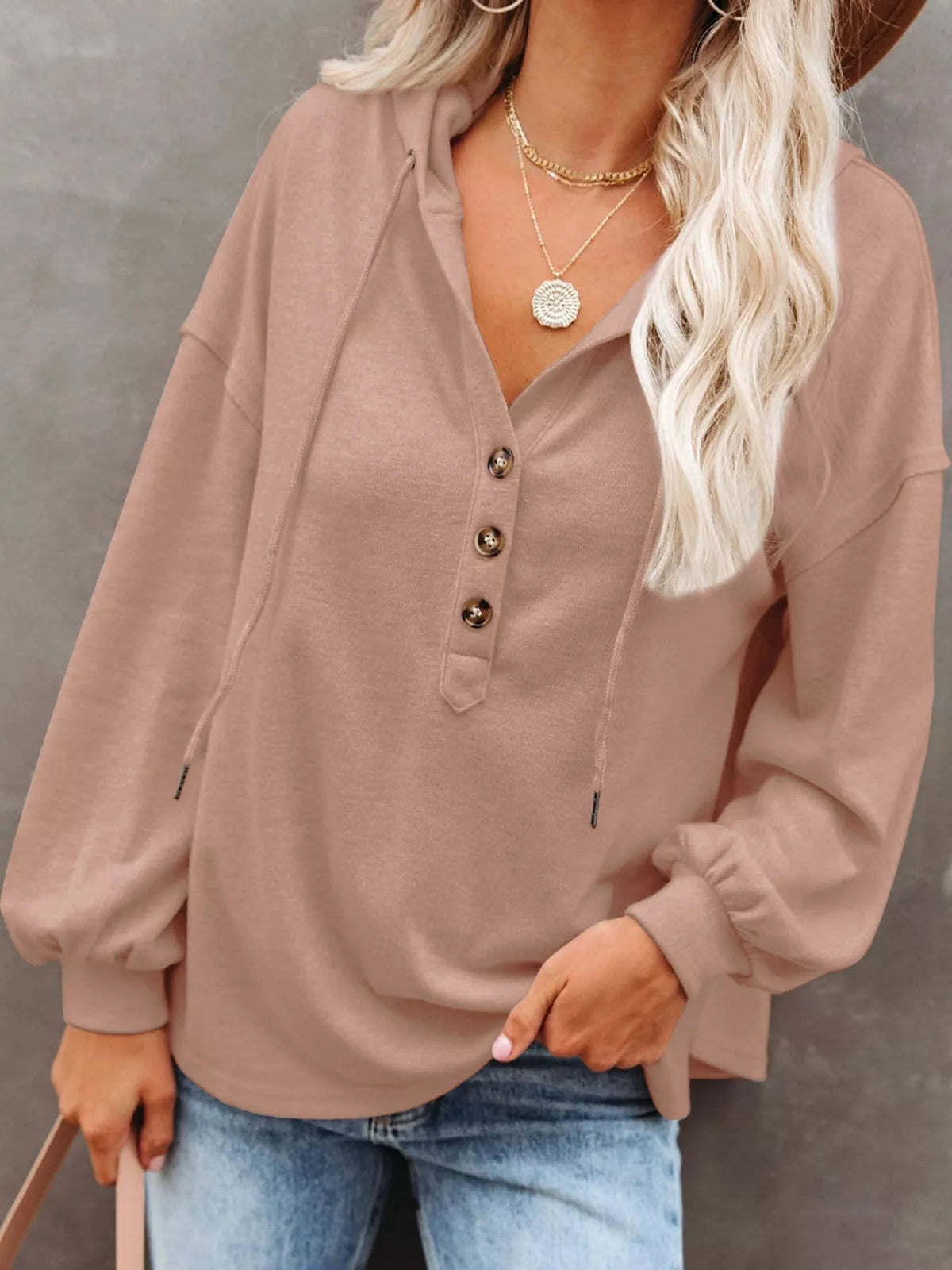 Women's Button Placket Drawstring Dropped Shoulder Hoodie in pink — front view