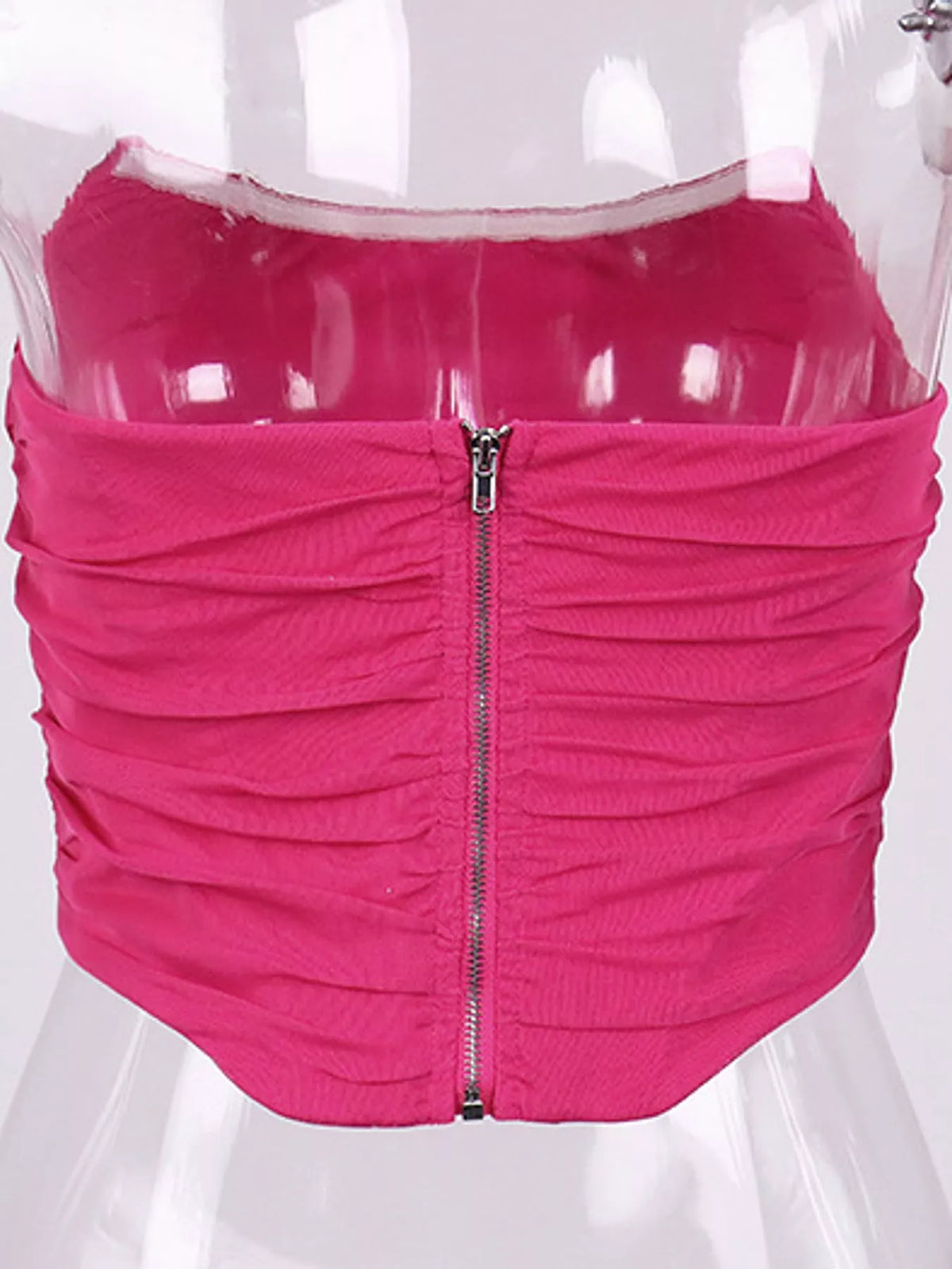 Corset Style Ruched Tube Top, back view in pink