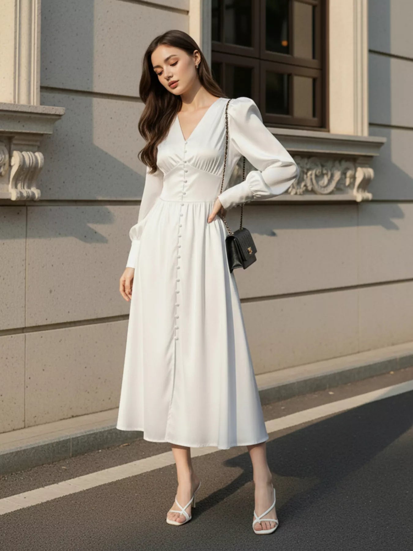 Trendsi V-Neck Lantern Sleeve Midi Dress -