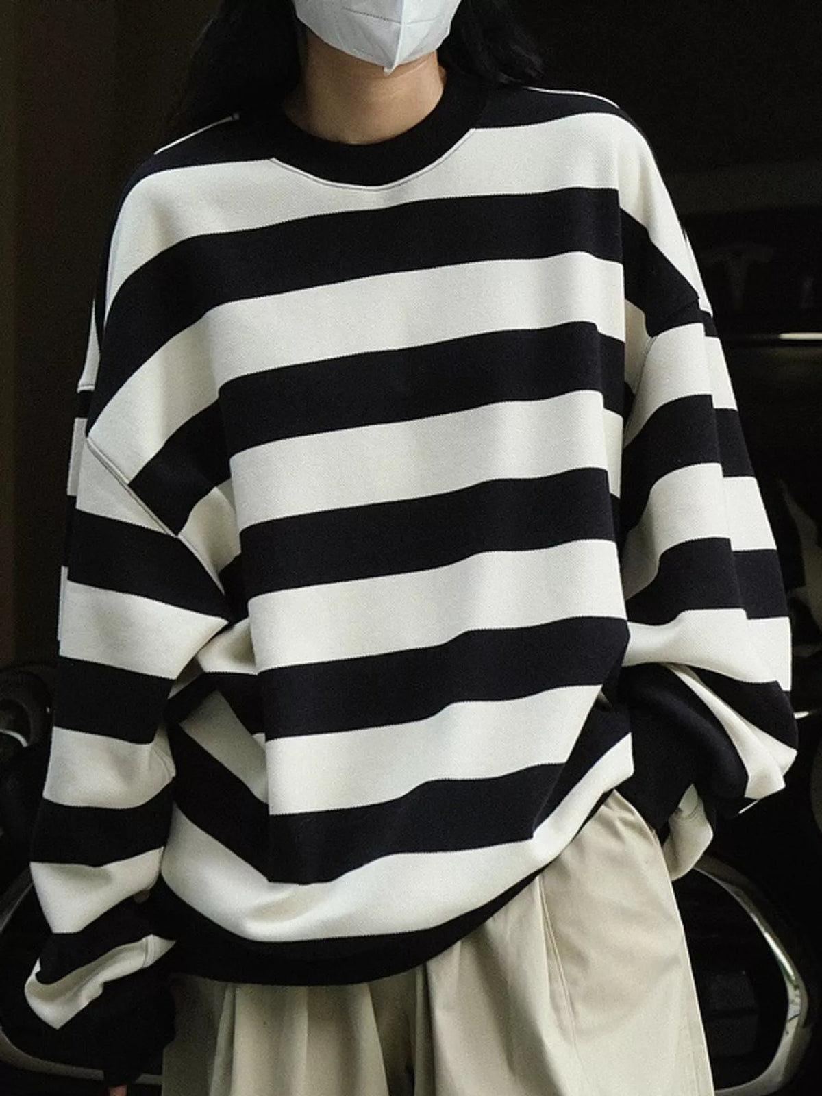 Black oversized striped crewneck sweatshirt