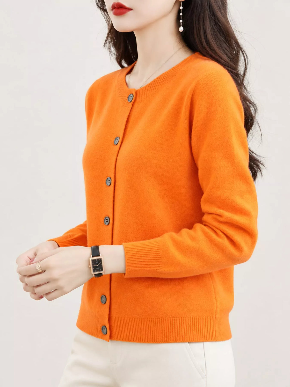 Orange crew neck button-front cardigan