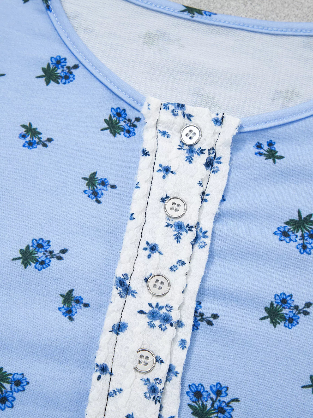 Floral Contrast Long Sleeve Top, button detail