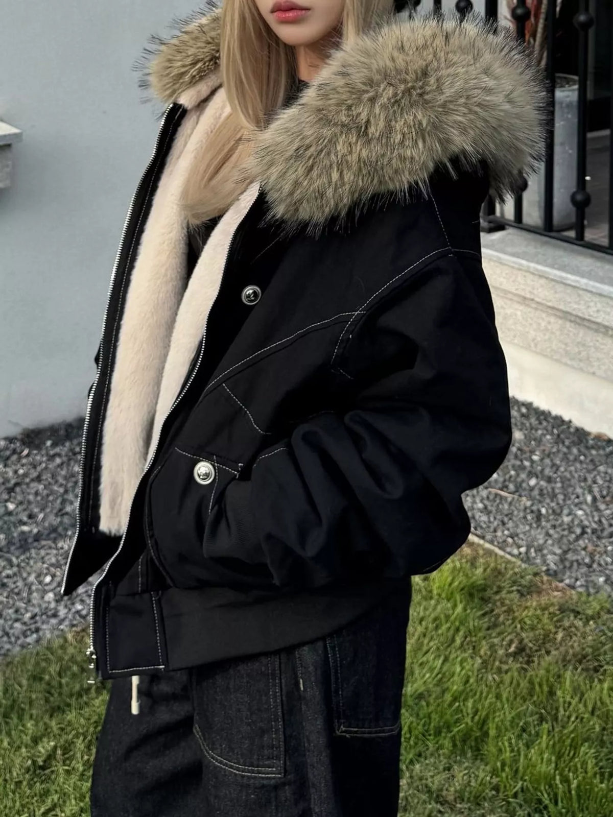 Faux Fur Lined Hooded Zip Up Jacket in black