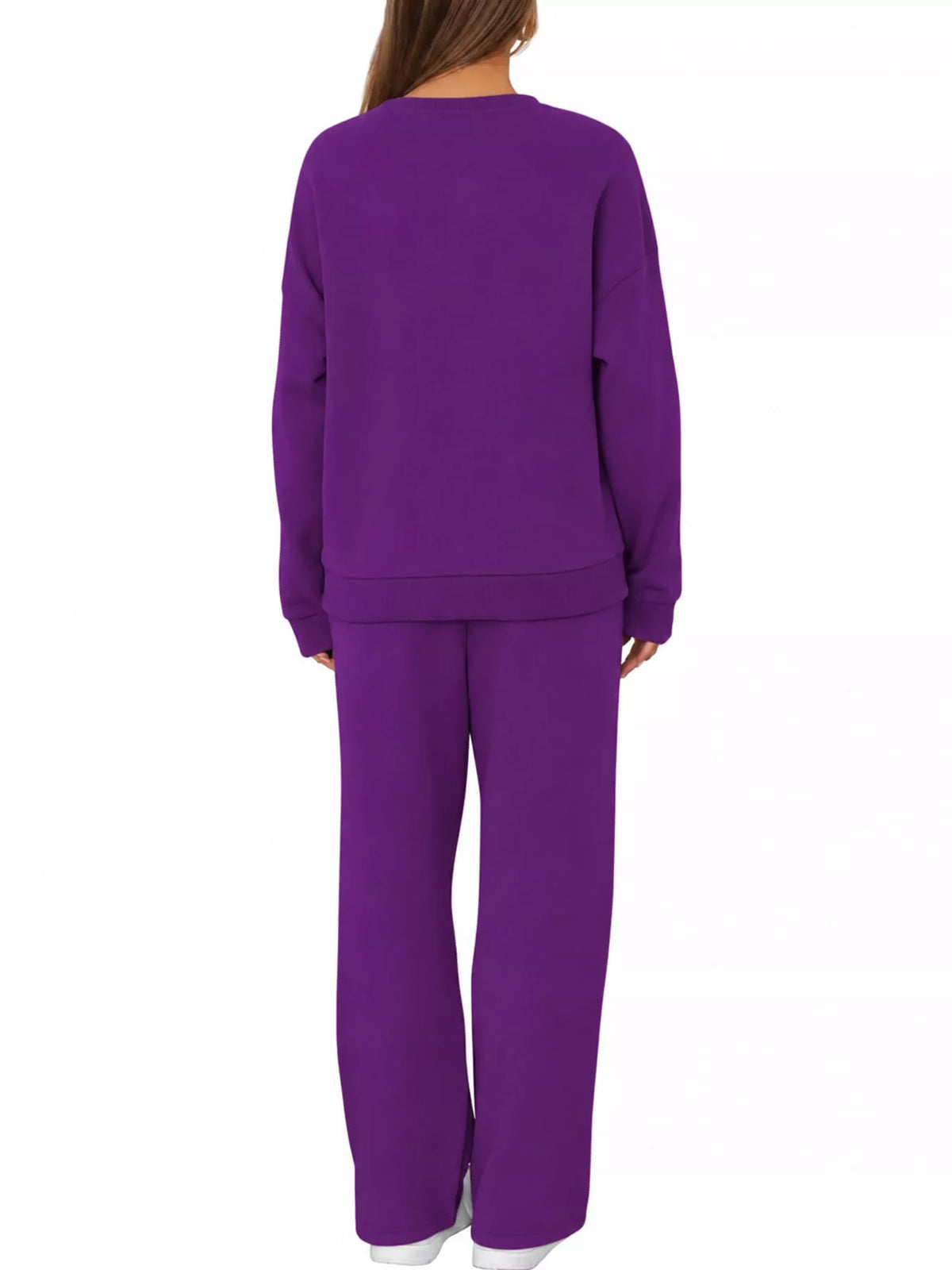 Crewneck Drop Shoulder Sweatshirt and Wide-Leg Pants Set — back view