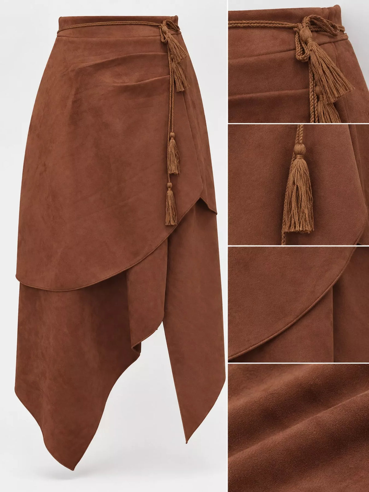 Faux Suede Wrap Skirt with Tassels, wrap and tassel detail