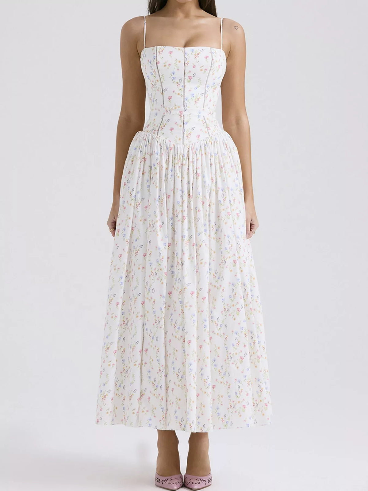 Women's Paneled Bodice Gathered Midi Dress in small floral — front view