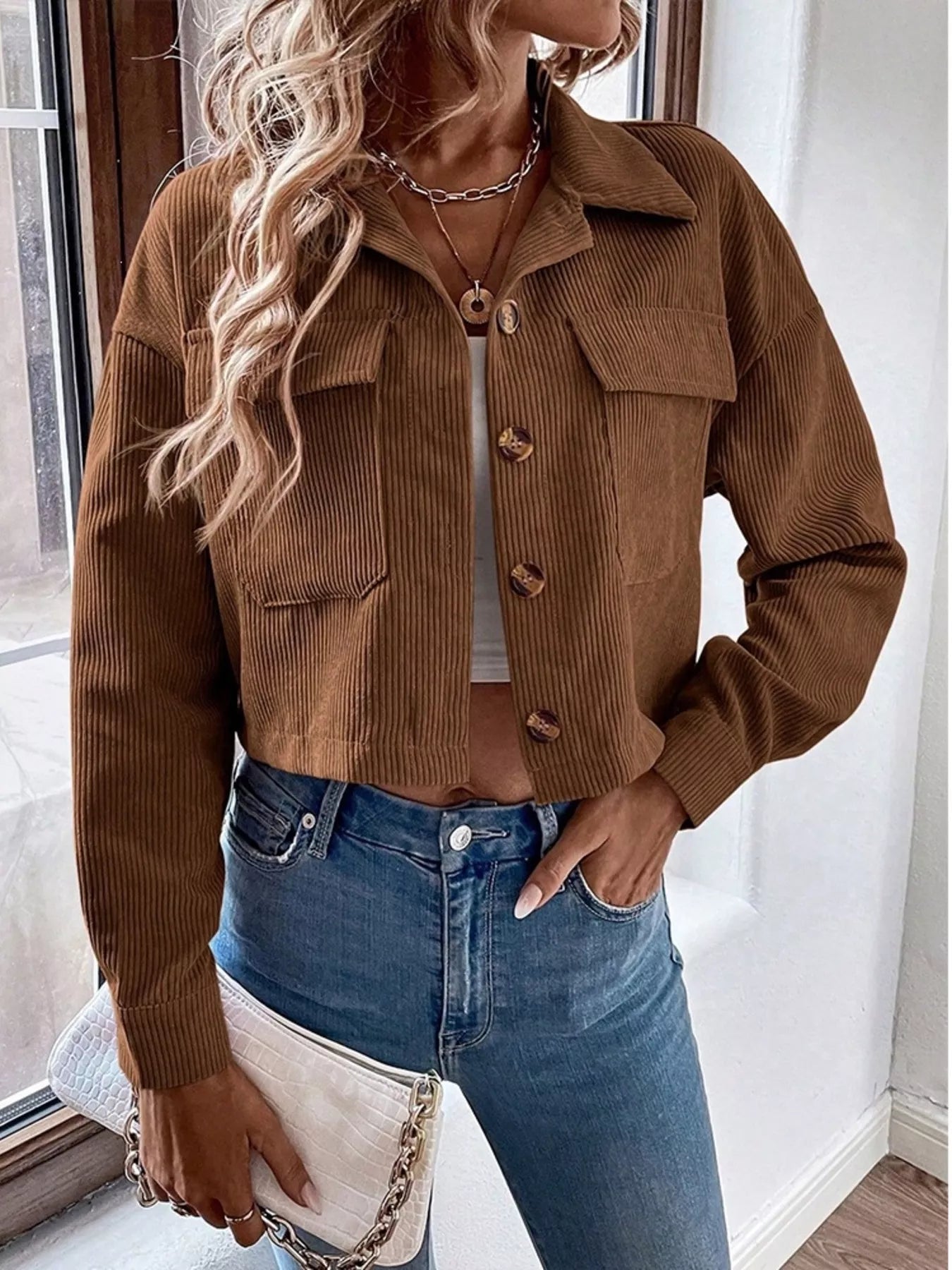 Trendsi Cropped Corduroy Button-Down Jacket -