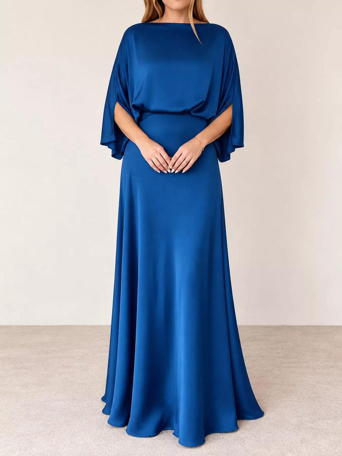 Blue satin cape sleeve maxi dress, front view