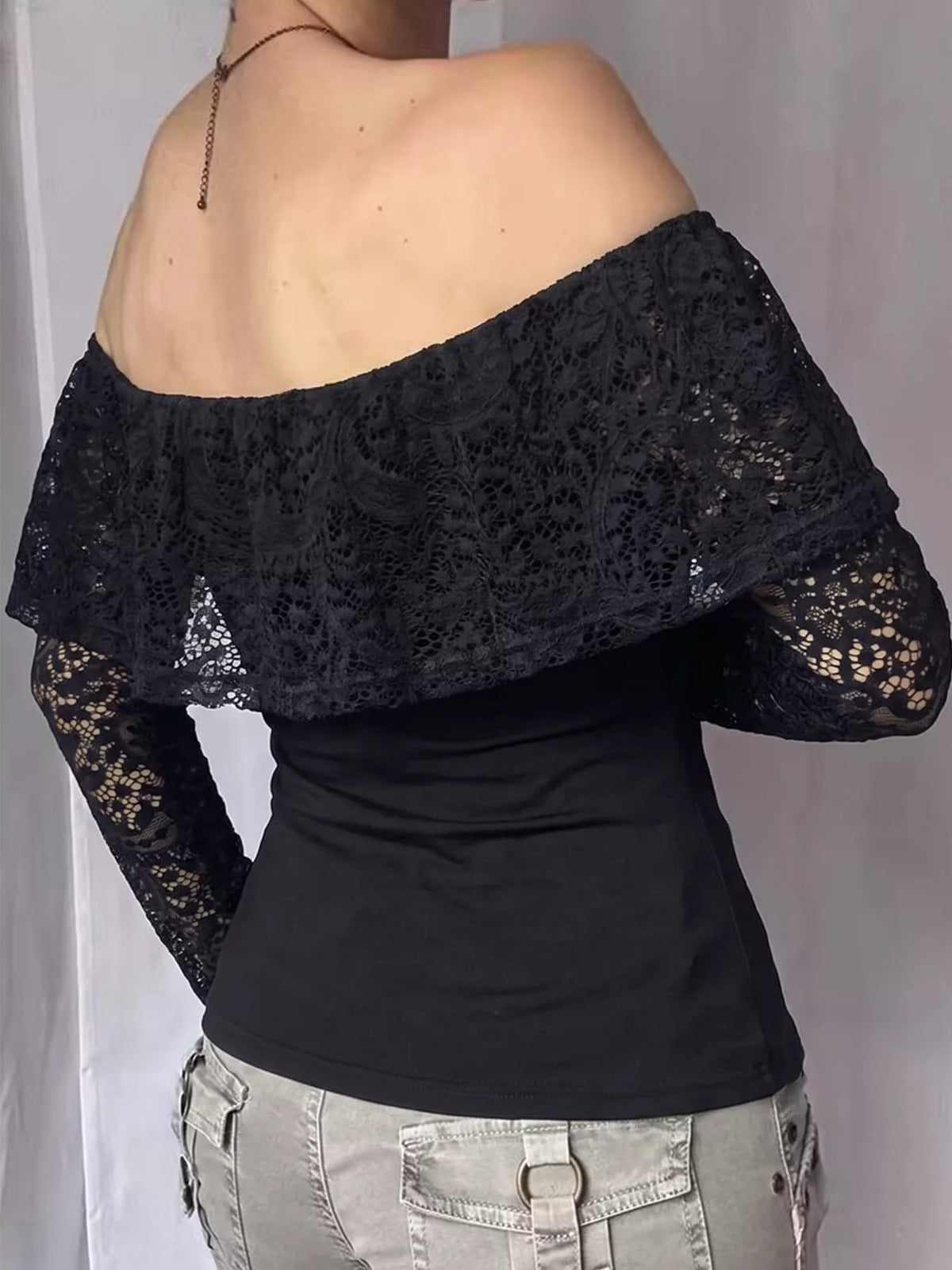 Off-Shoulder Lace Flounce Long-Sleeve Top in black, back view