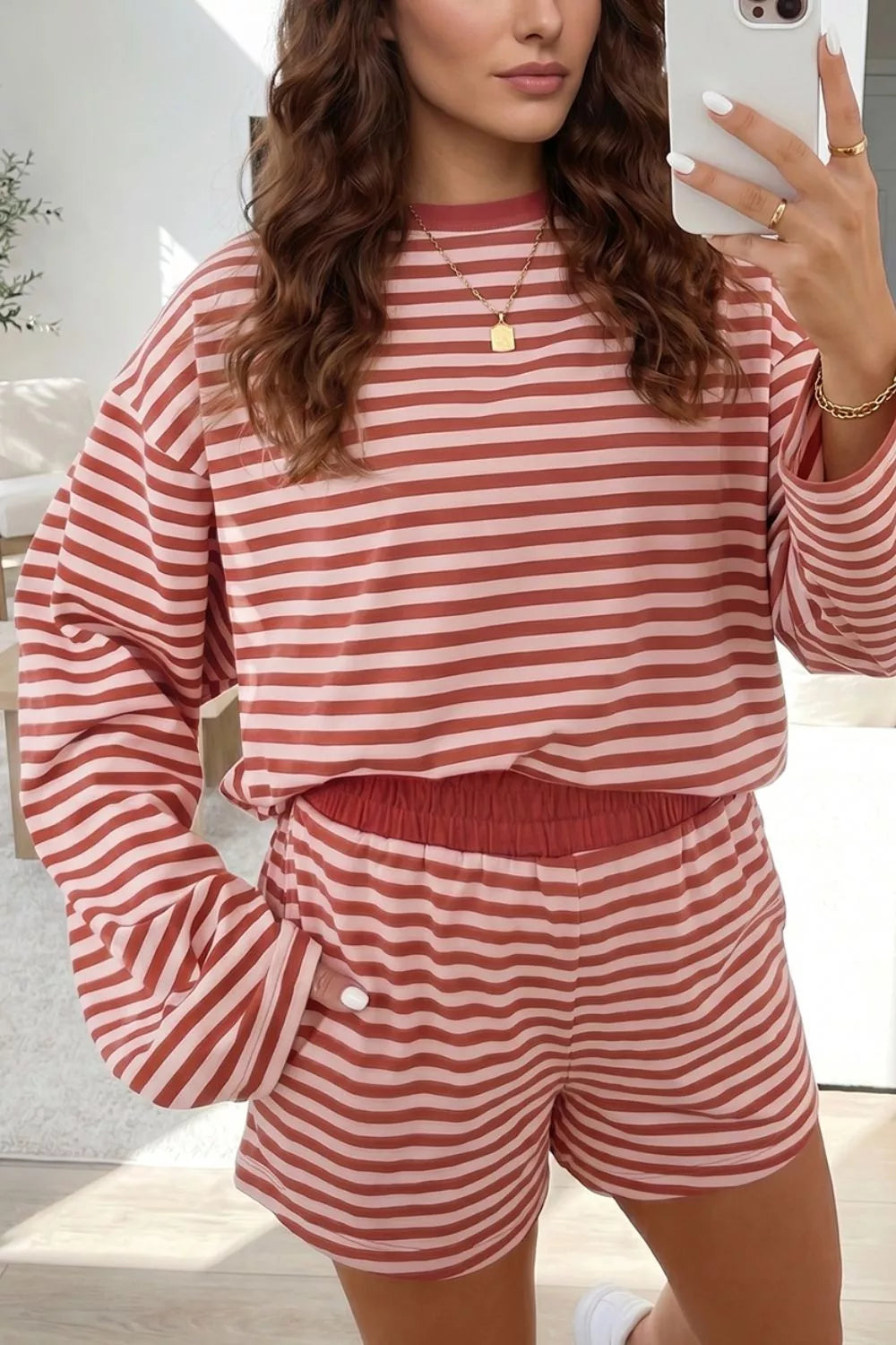Women's dusty pink striped long sleeve top and shorts matching set