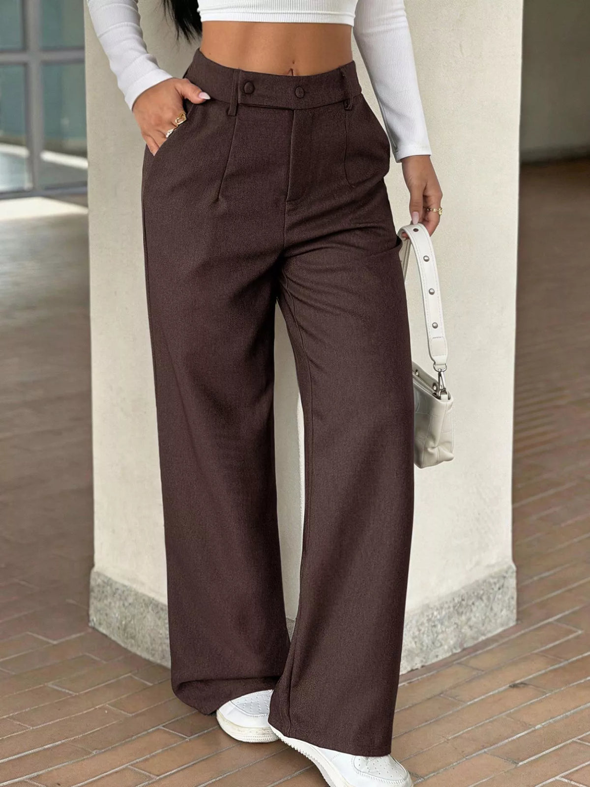 High-Waisted Wide-Leg Pants with Button Detail, front view