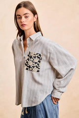 Trendsi BiBi Flower Jacquard Knit Patch Pocket Stripe Shirt -