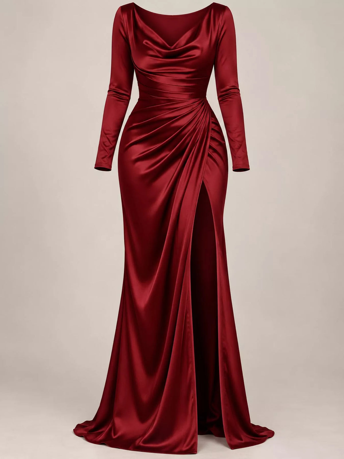 Red satin cowl neck high-slit maxi dress, ruched waist detail