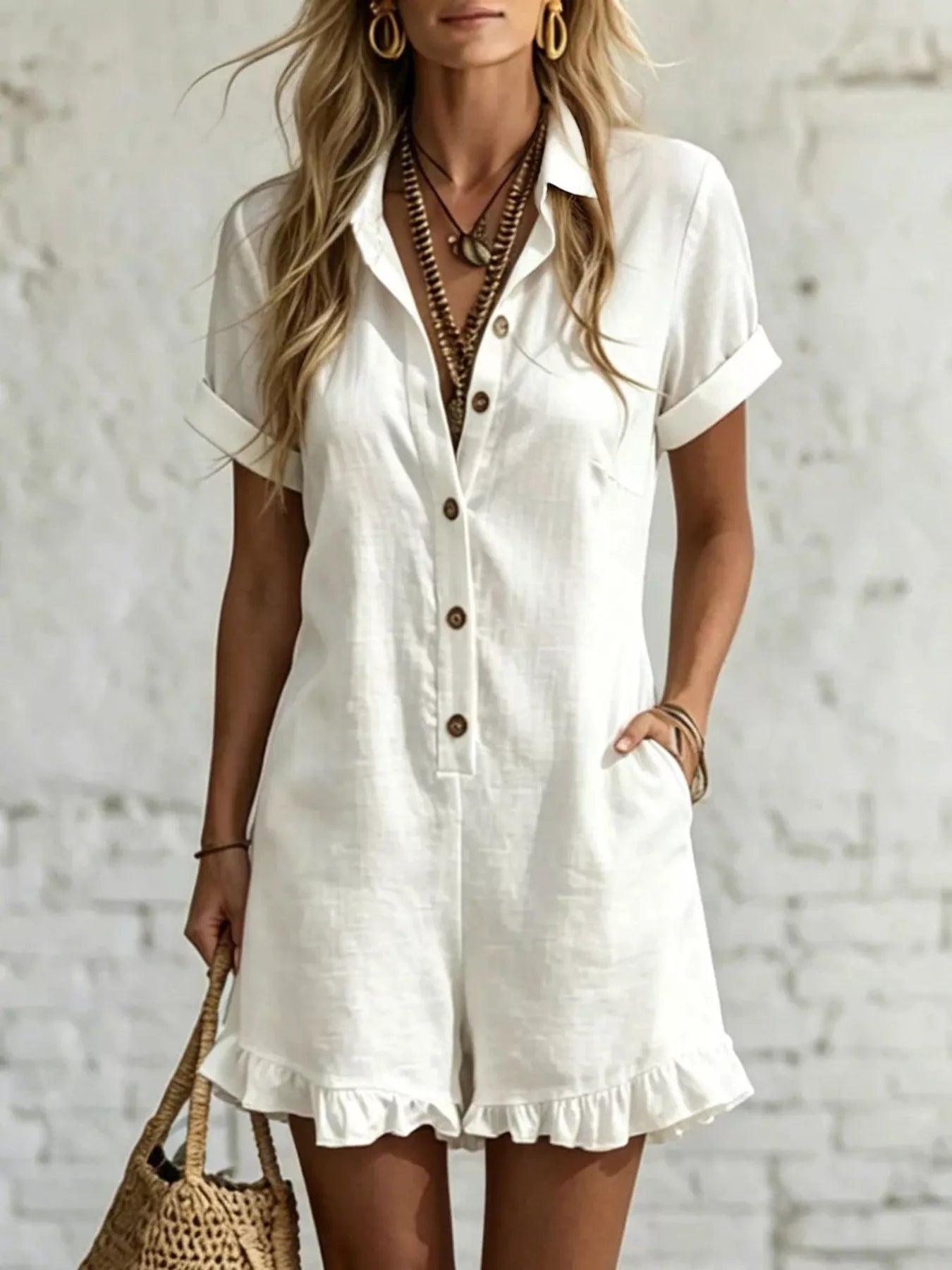 Trendsi Full Size Button Front Ruffled Hem Romper Plus Size -