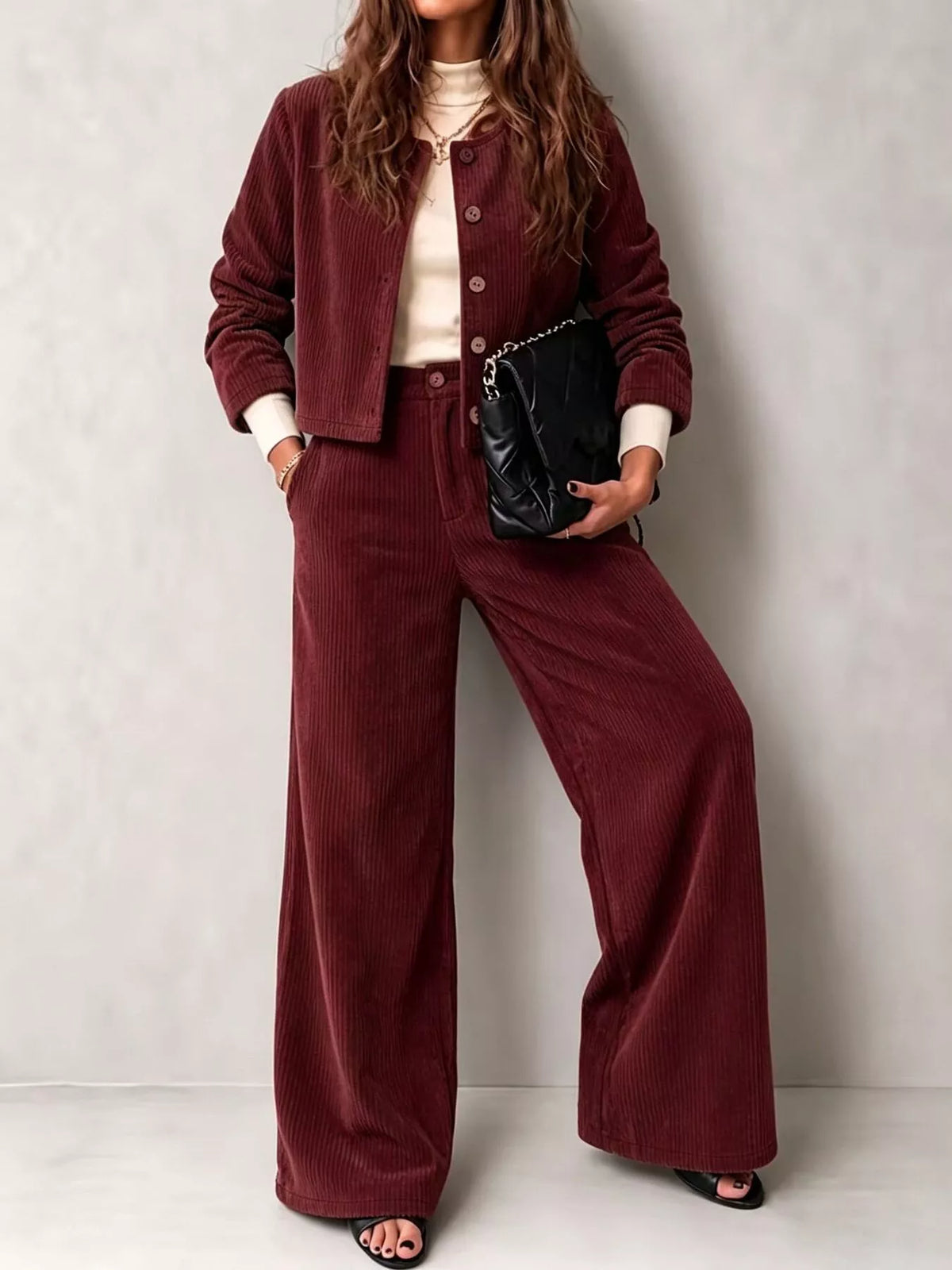 Women's Corduroy Button-Down Jacket and Wide-Leg Pants Two-Piece Set in burgundy — front view