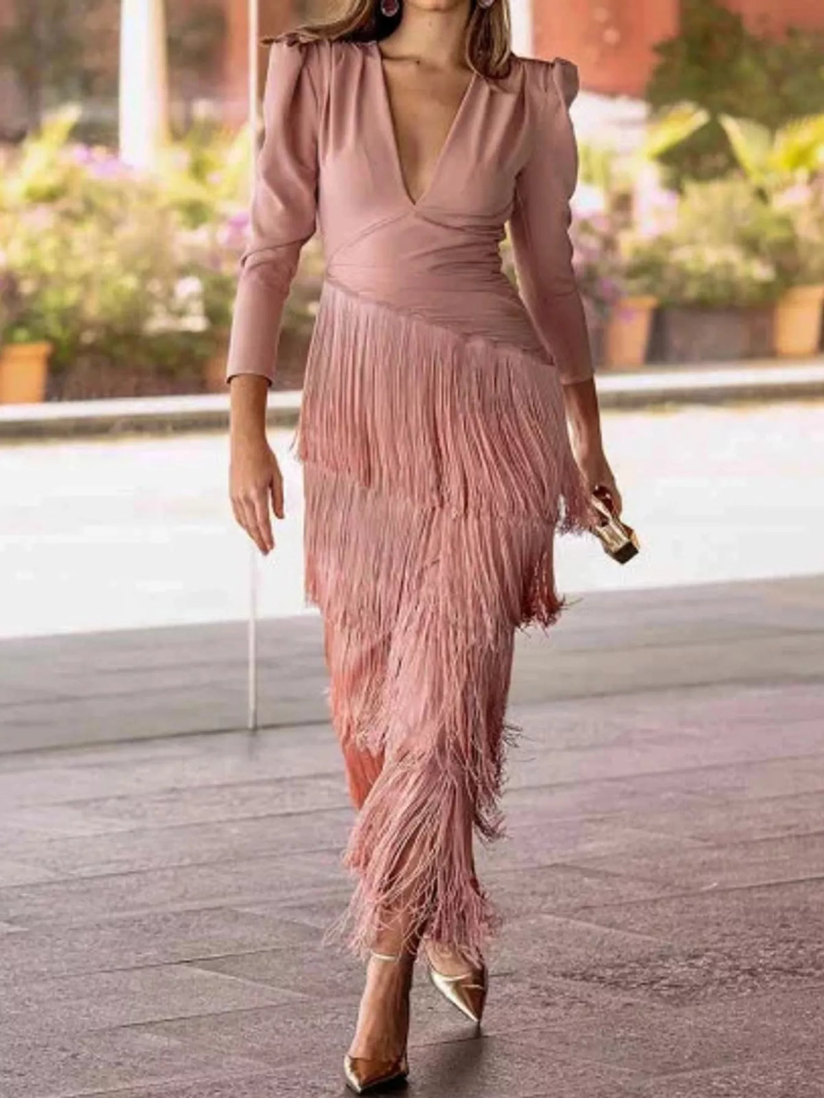 Fringe maxi dress, pink fringe dress full front