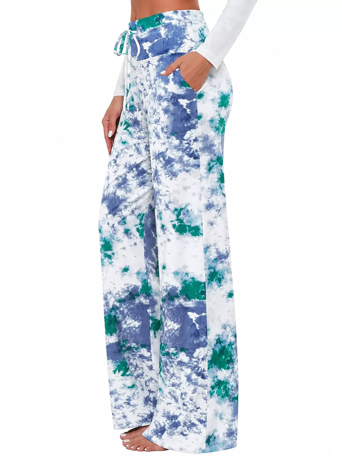 Wide-leg lounge pants, blue-green print side