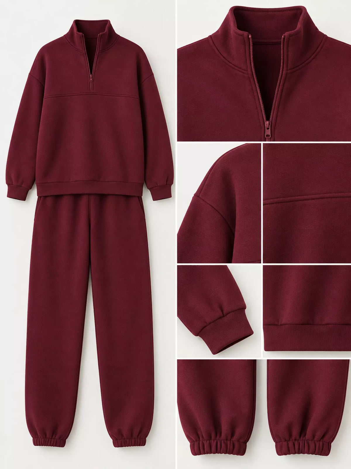 Half-zip top and pants set, burgundy garment details