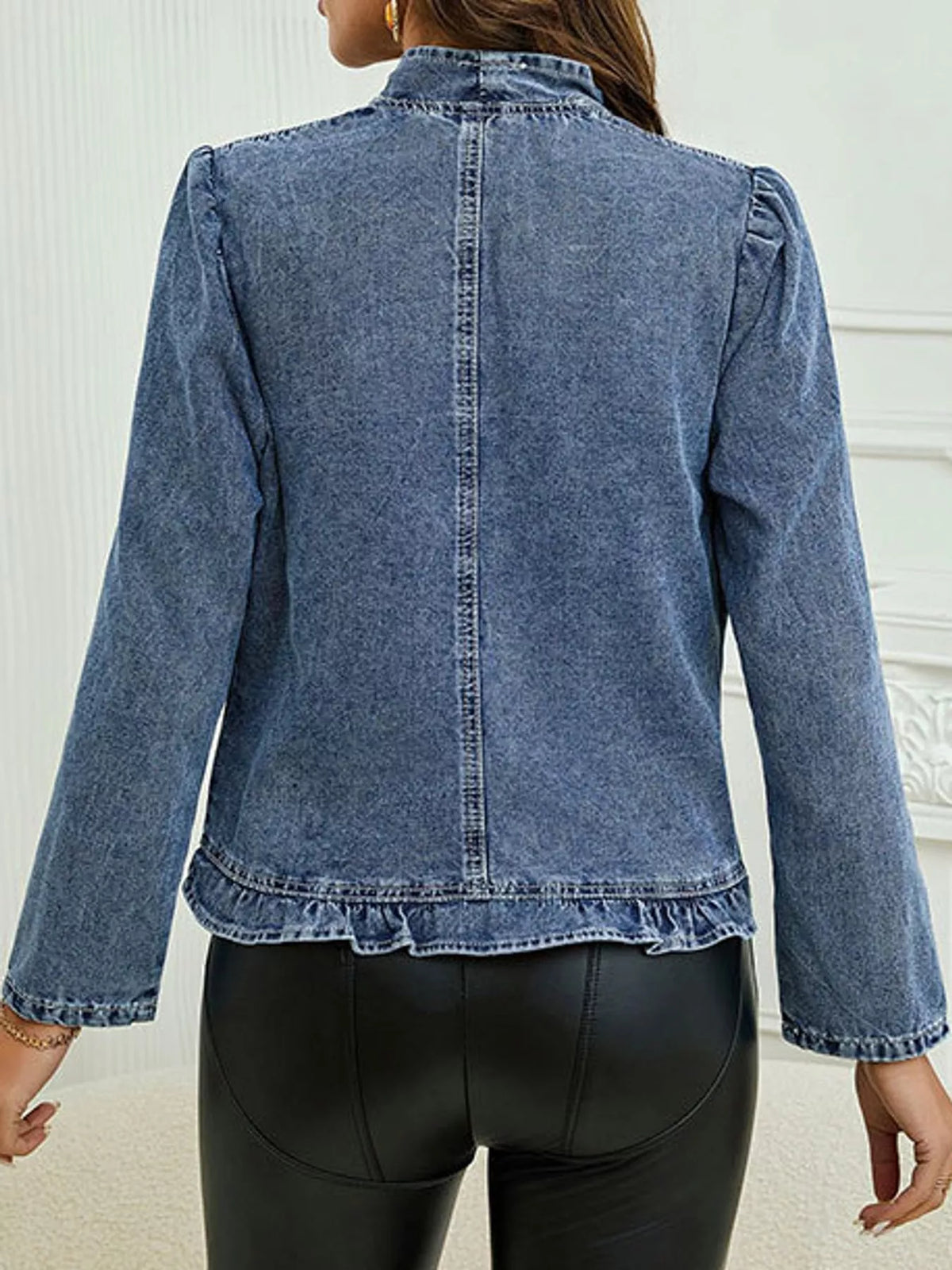 Blue-Denim Jacket ruffle-trim open-front washed denim jacket, back view