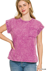 Trendsi Zenana Full Size Crinkle Washed Round Neck Folded Short Sleeve Tee Plus Size -