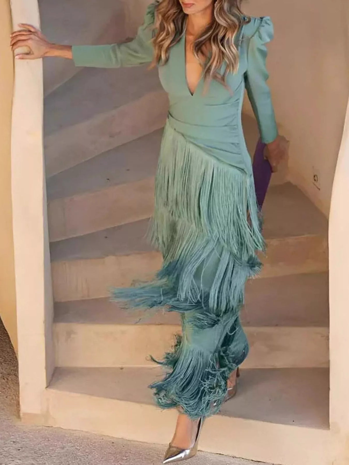 Women's Fringed V-Neck Puff Sleeve Midi Dress in sage — front view
