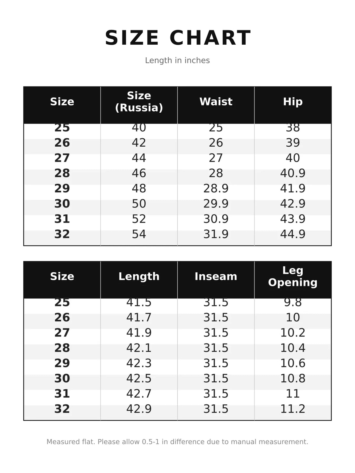 Size chart for wide-leg vintage wash jeans