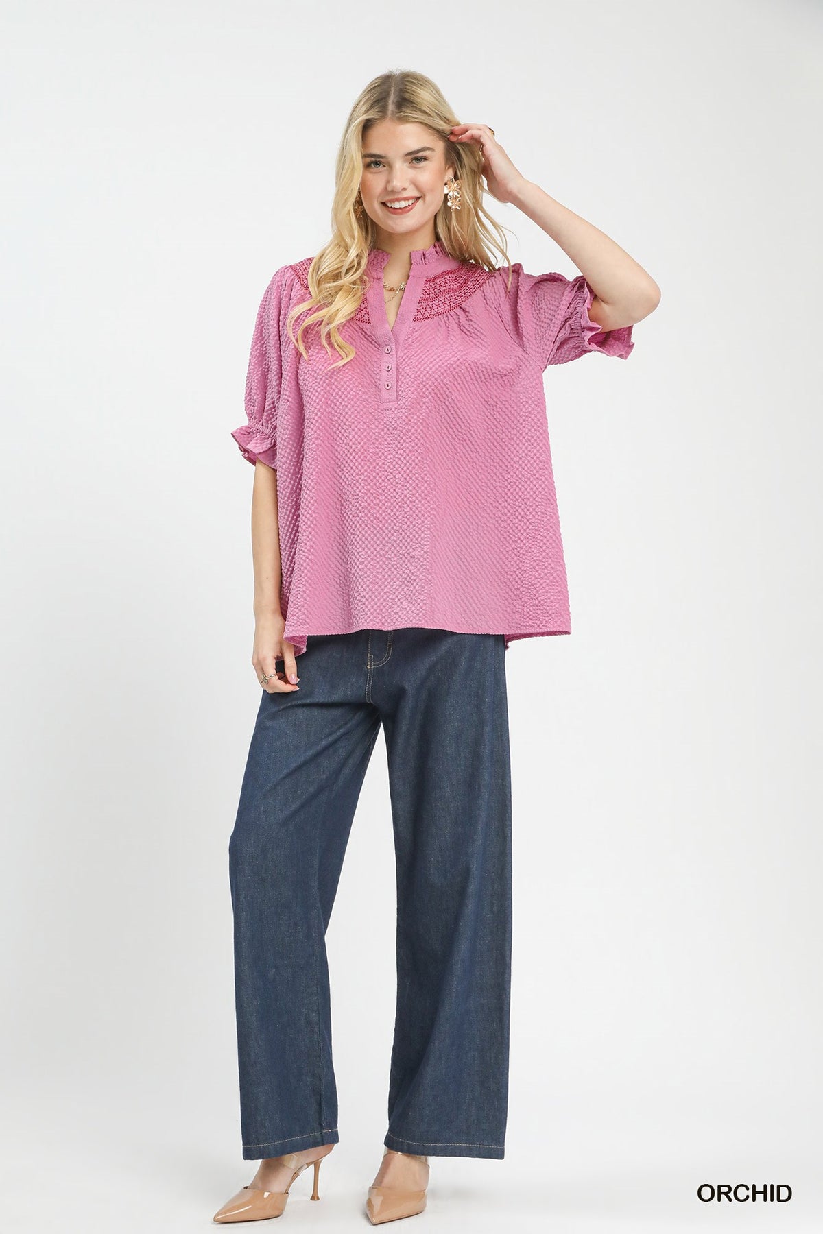 Women's Textured Henley Blouse With Lace Shoulders and Ruffle Cuffs — product view 4