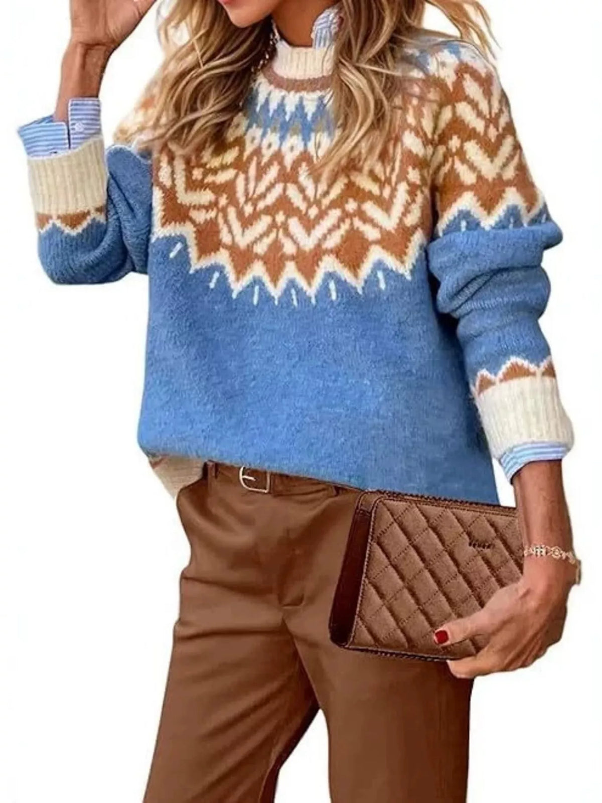 Fair Isle Patterned Long Sleeve Sweater in blue, front view