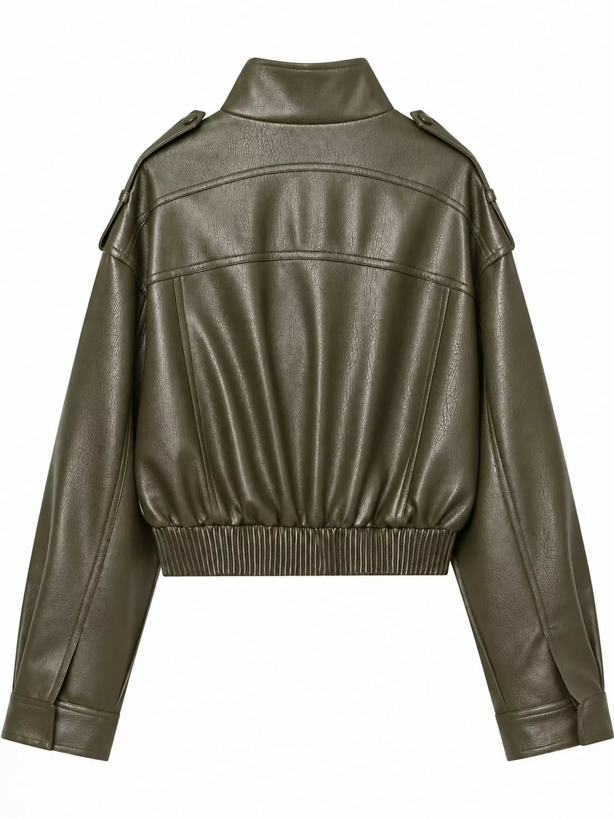 Olive faux leather cropped bomber jacket — back view