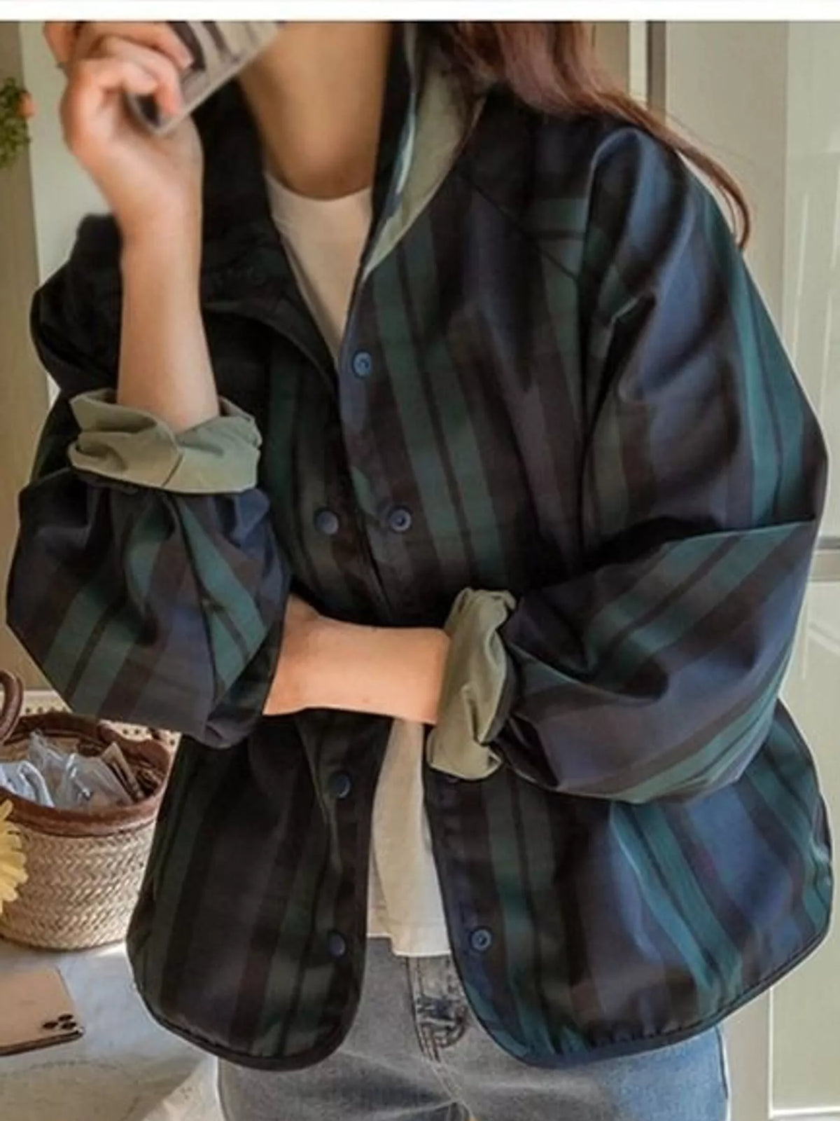 Reversible Jacket with Contrast Plaid Detailing in khaki