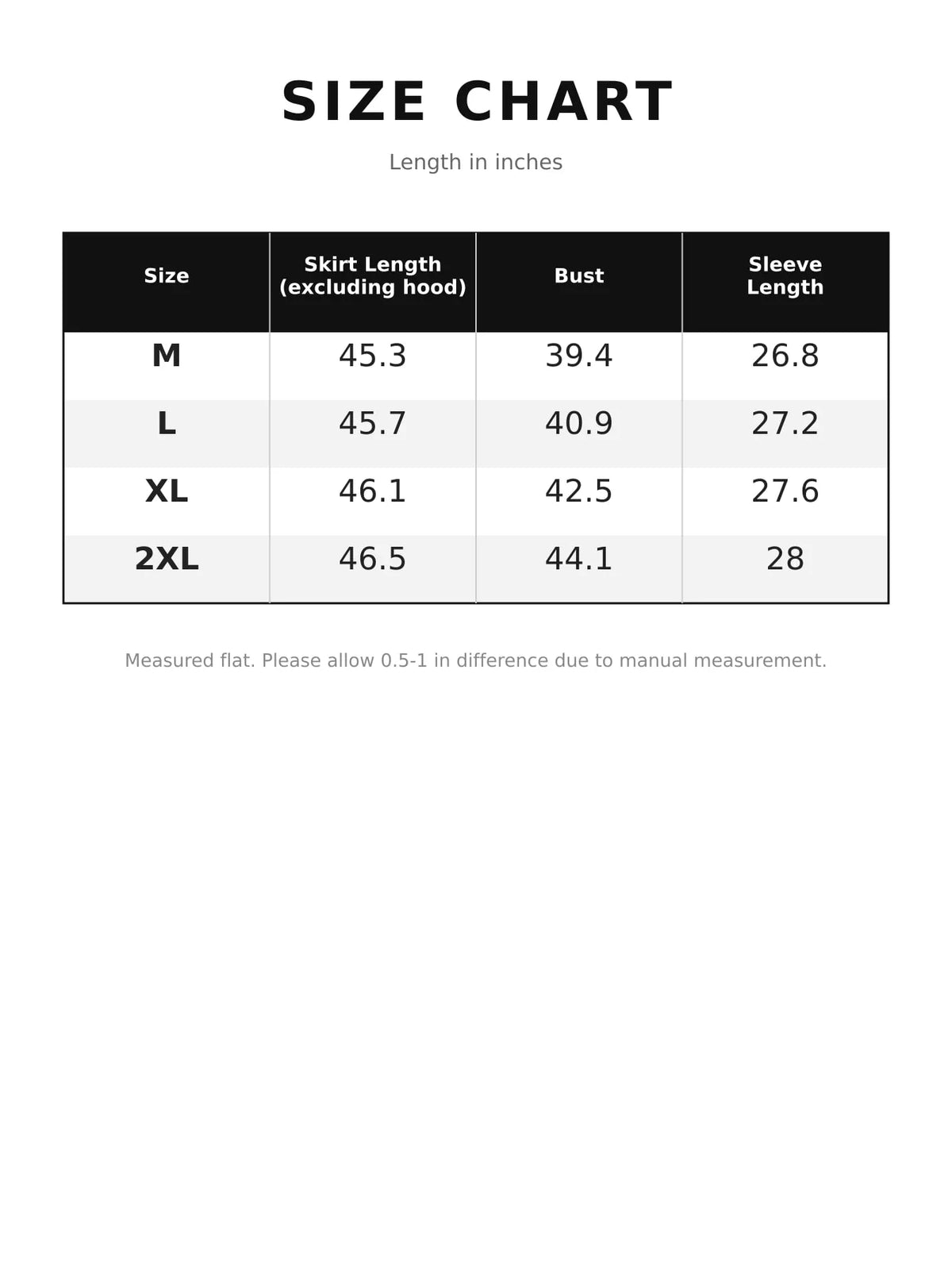 Size chart for hooded long sleeve a-line sweatshirt dress