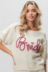 Trendsi BiBi Metallic Letter Short Puff Sleeve Hairy Sweater -