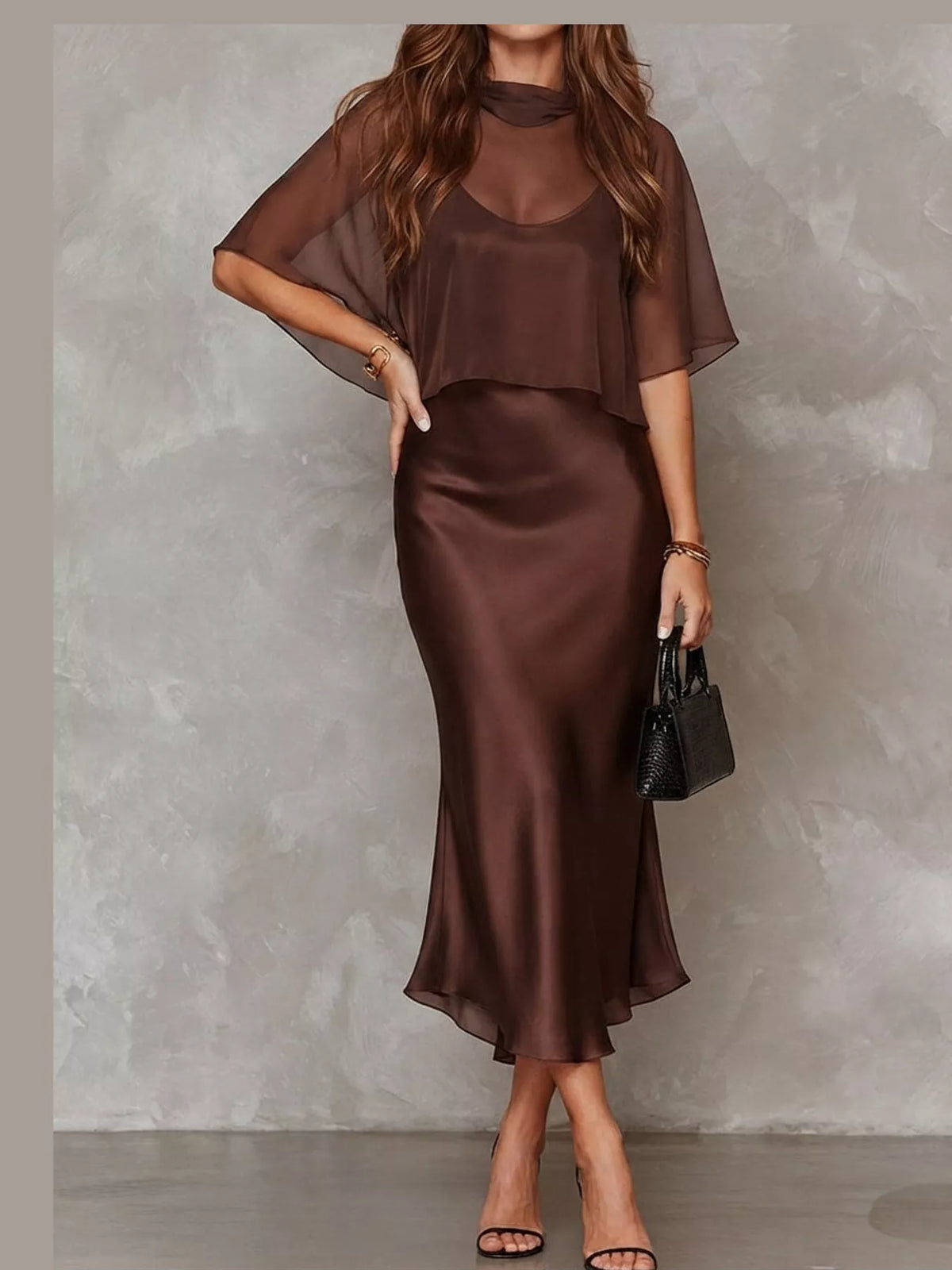 Brown satin cami dress and sheer cover up set — front view