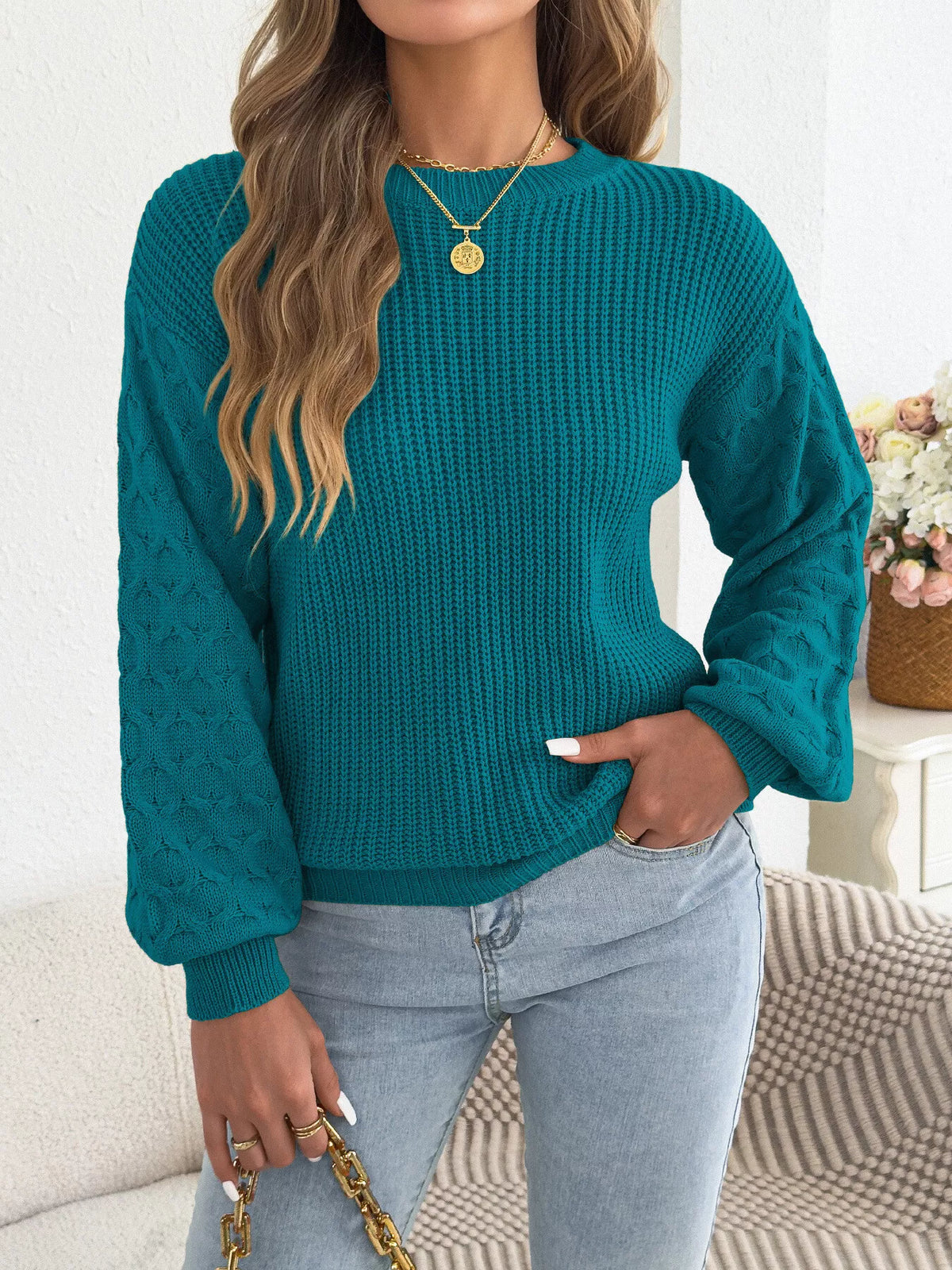 Peacock Blue textured dropped shoulder sweater