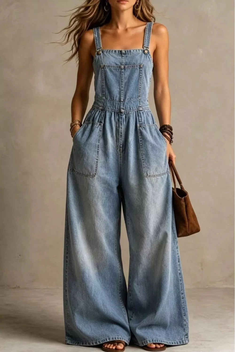 Vintage Wash Wide-Leg Denim Overalls with Pockets — front view
