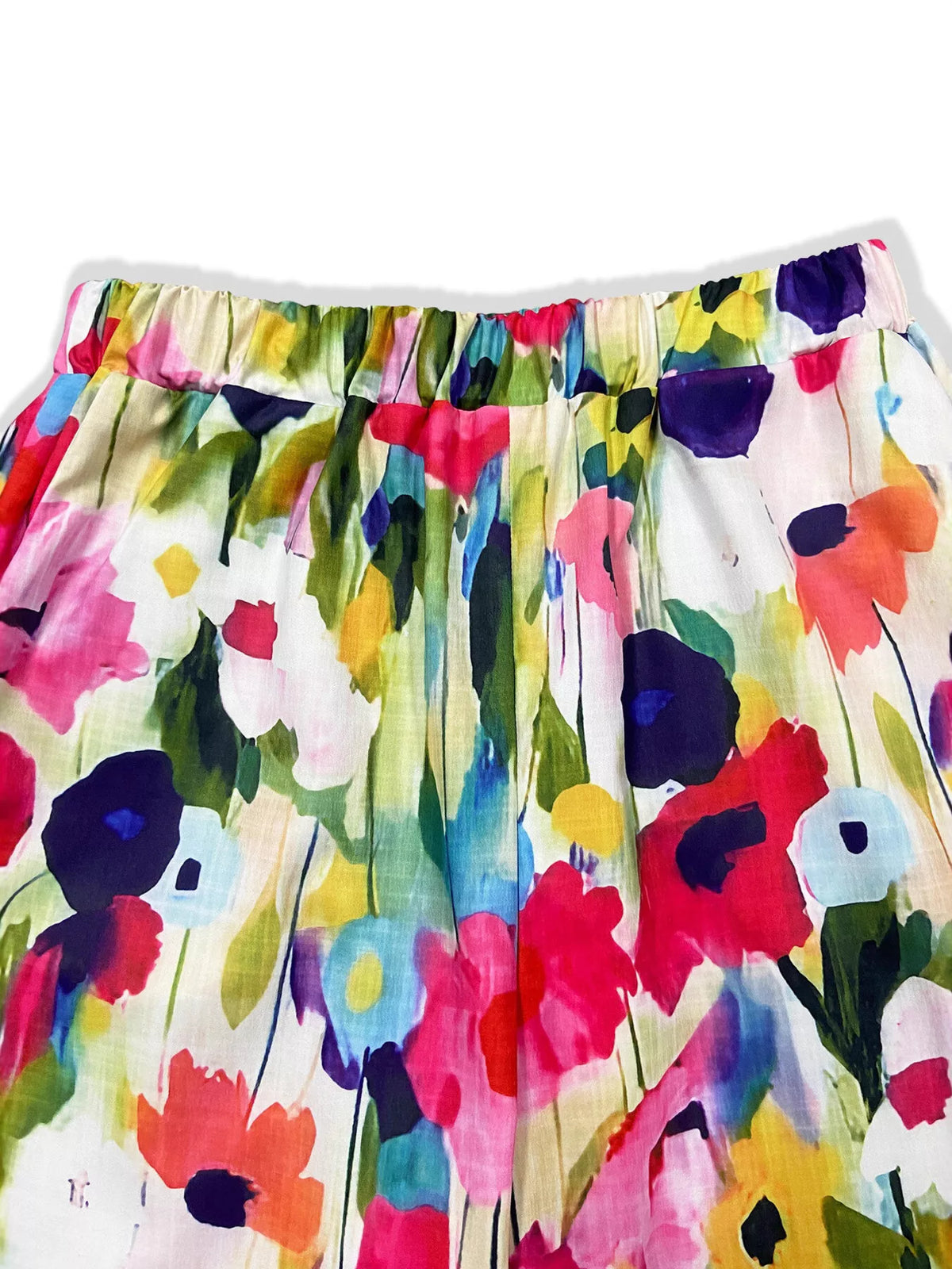 Multicolor floral tapered pants, waistband detail, yellow floral print