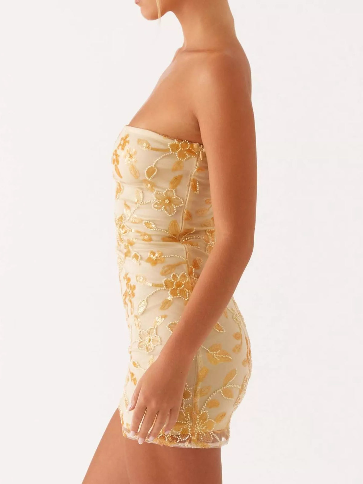 strapless mini dress, side view