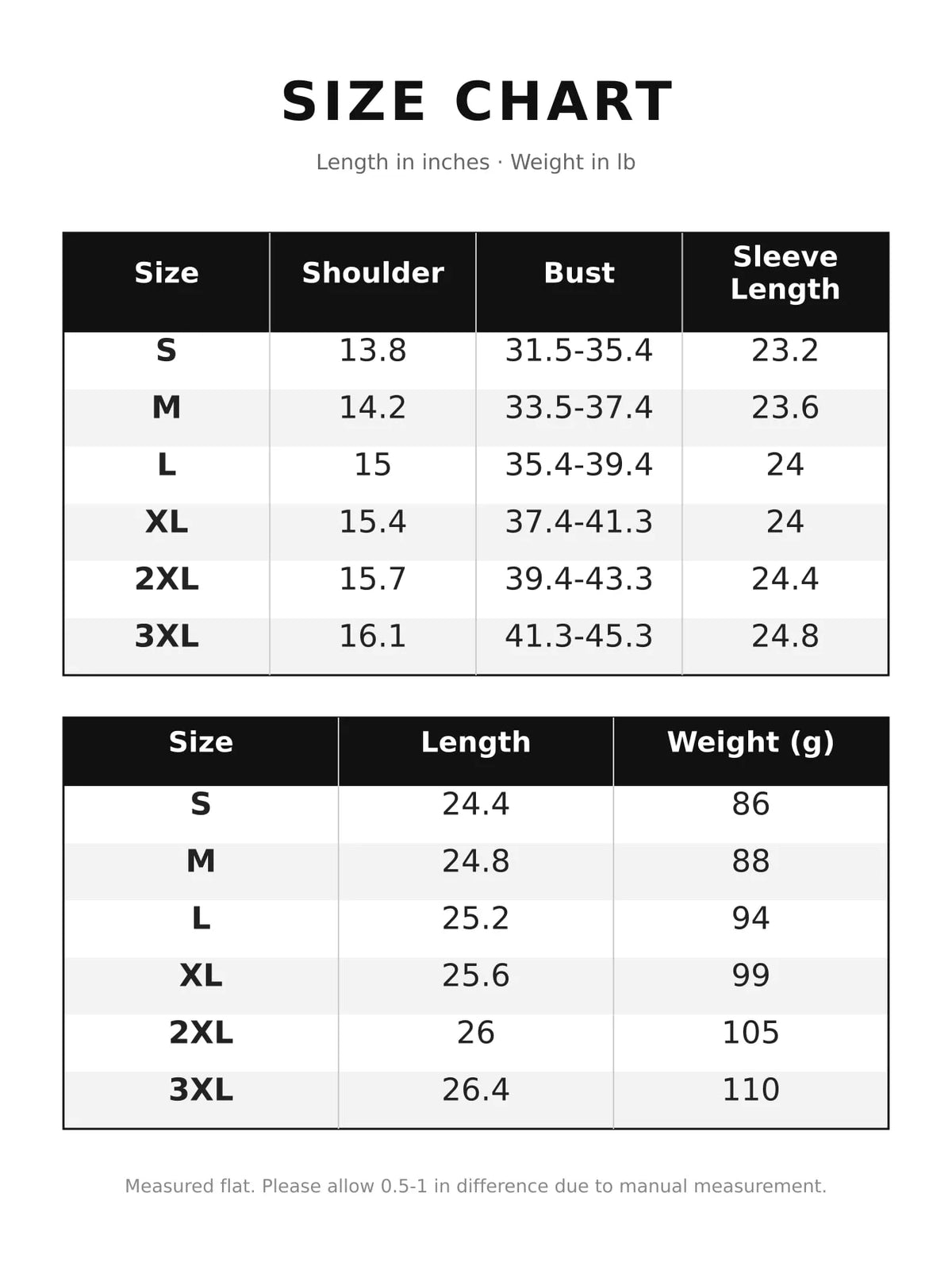 Size chart for the sheer mesh long sleeve top
