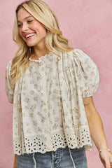 Trendsi SO ME Floral Print Lace Trim Short Sleeves Blouse -